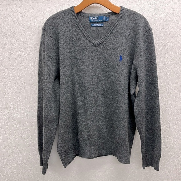 Polo by Ralph Lauren Gray Wool V-Neck Pullover Sweater L - Picture 1 of 4